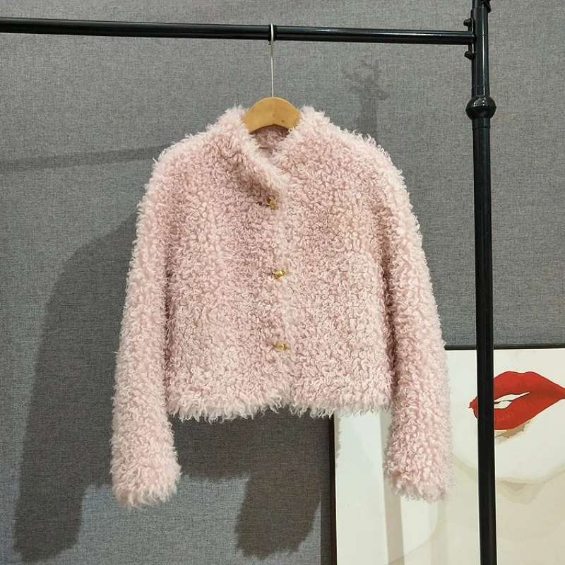 Women's Short Stand Collar Real Wool Fur Jacket Lady Girl Sheep Shearling Warm Winter Coat JT534