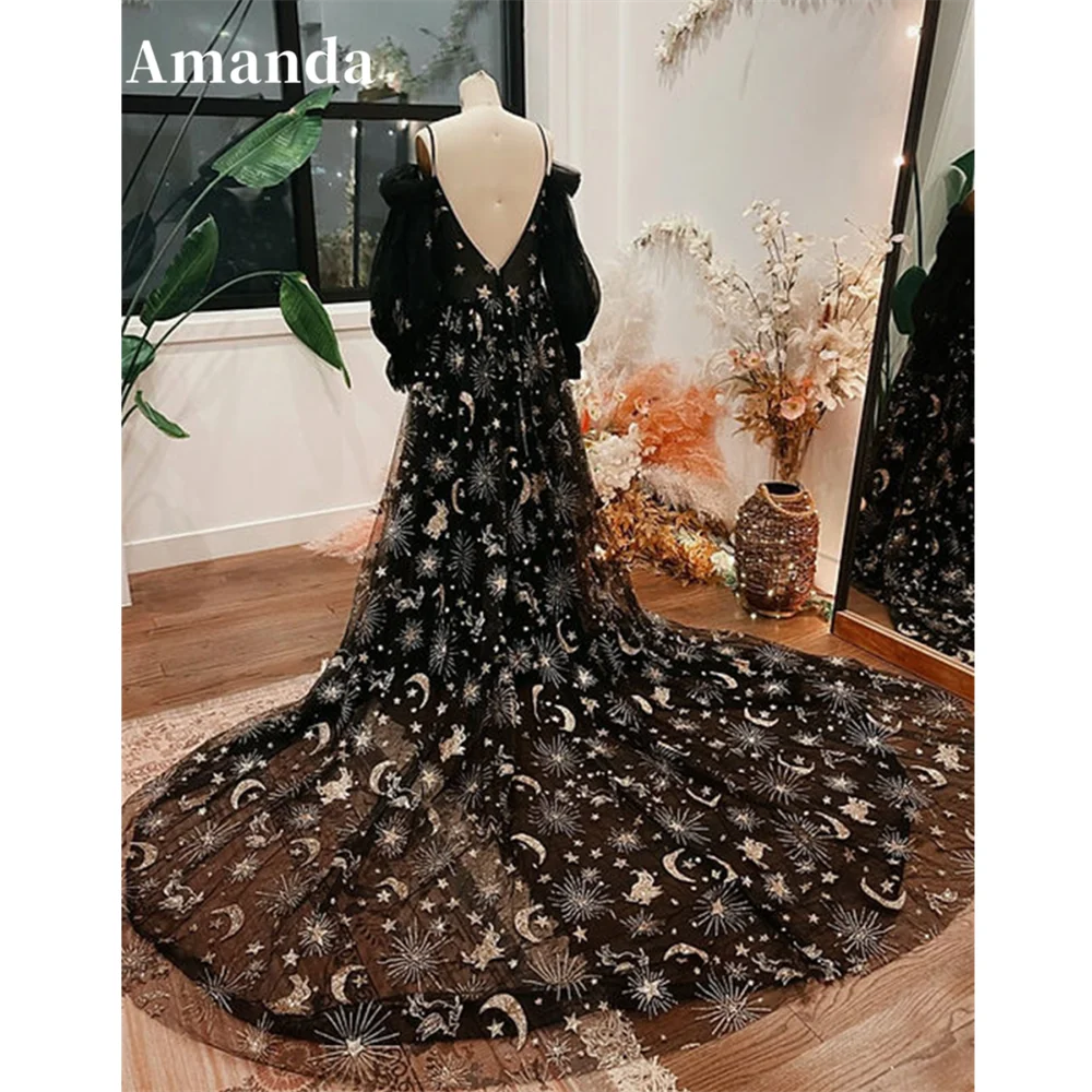 

Amanda Star Embroid Evening Dress Sexy Puffy Sleeve Prom Dress 2023 Sweet A-line Party Dress Sweep Train فساتين مناسبة رسمية