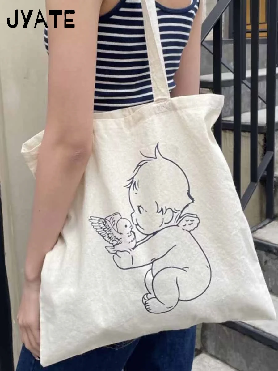 Canvas Cute Cartoon Print Shoulder Bags Female White Simple Large Capacity Messenger Hobo Casual Fashion Women\'s Crossbody Bag