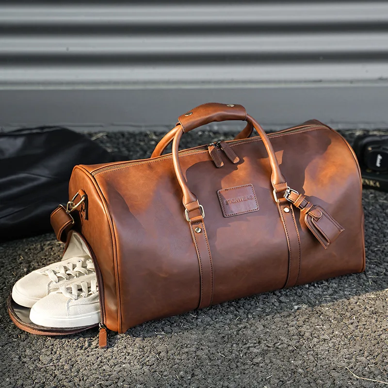 Bolsa de viagem de couro genuíno para homens e mulheres, couro real macio, bolsa de bagagem de mão