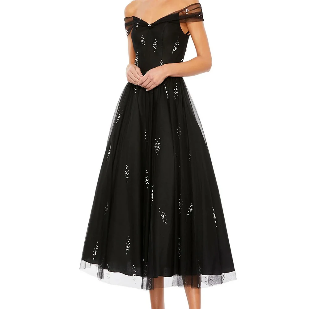 여성용 A라인 이브닝 드레스 티길이 오프숄더 민소매 프롬 가운 패션 비딩 심플 드레이프 맞춤형 가운