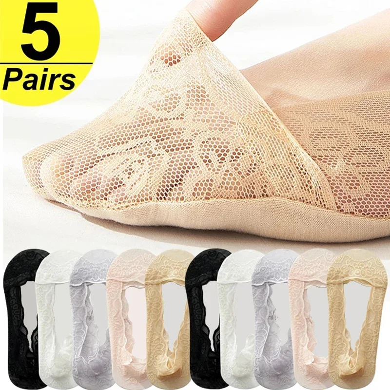 5 Pairs/Lot Socks Women\'s Lace Invisible Summer Transparent Short No-Show Ankle Set White Low Cut Silicone Non-Slip Boat Sock