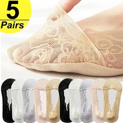 5 Pairs/Lot Socks Women's Lace Invisible Summer Transparent Short No-Show Ankle Set White Low Cut Silicone Non-Slip Boat Sock