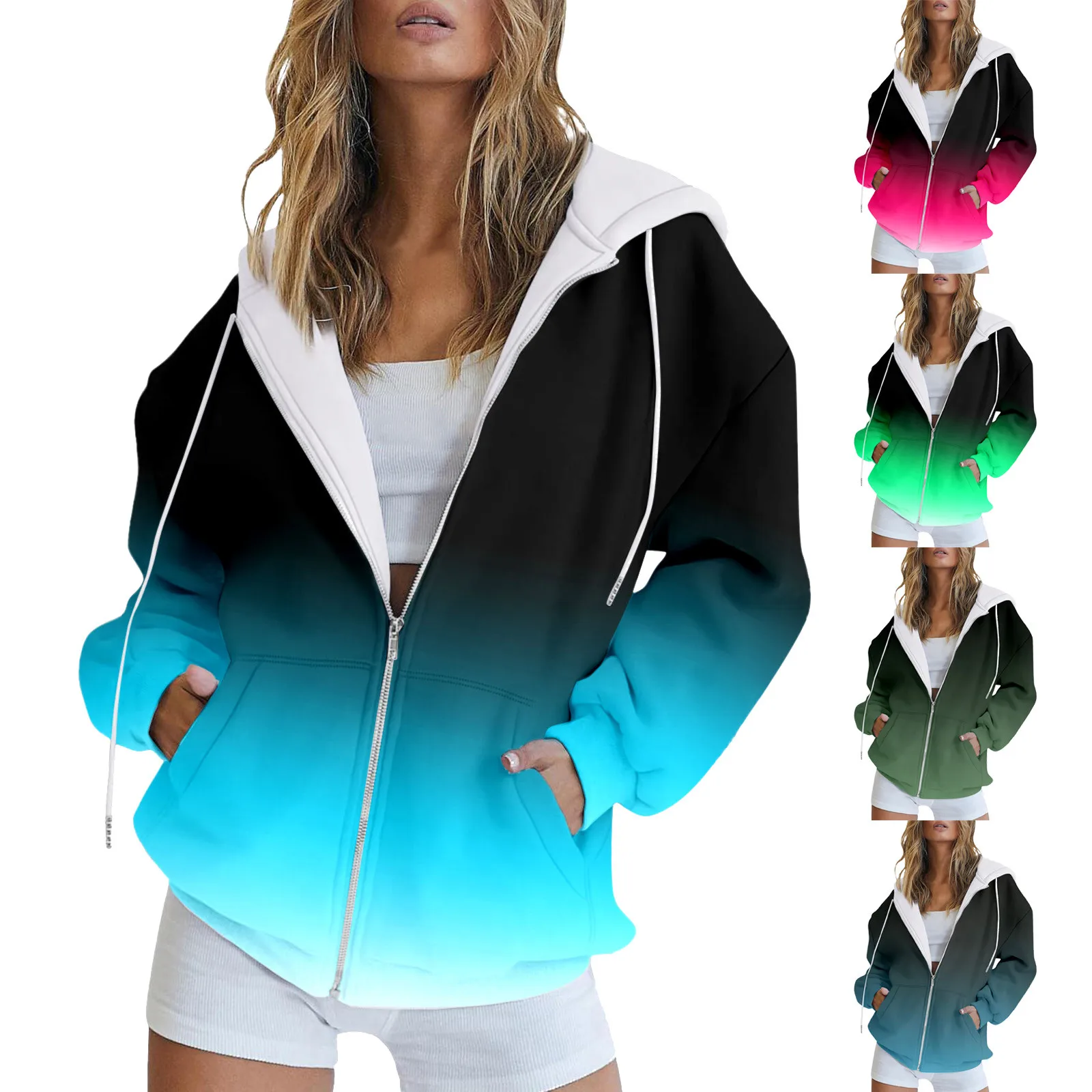 Women Hooded Drawstring Casual Jacket Sweatshirt Gradient Color Coats With Pockets Zip Up Loose Outerwear Fashion Hoodies