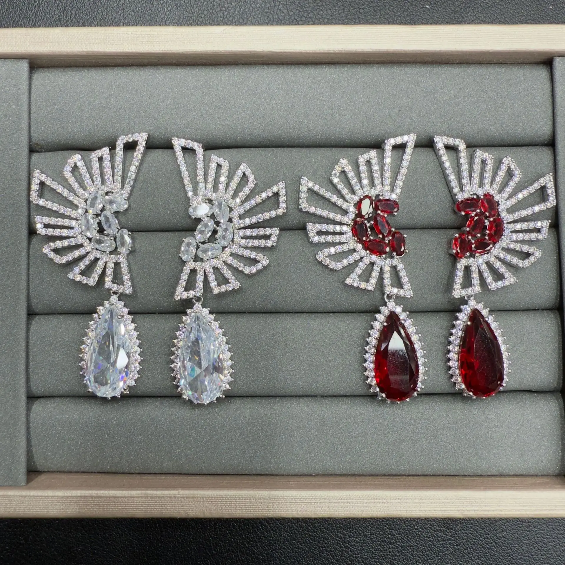 

fashion cubic zirconia earrings for women unique shiny jewelry dinner party teardrop dangling earrings silver color red