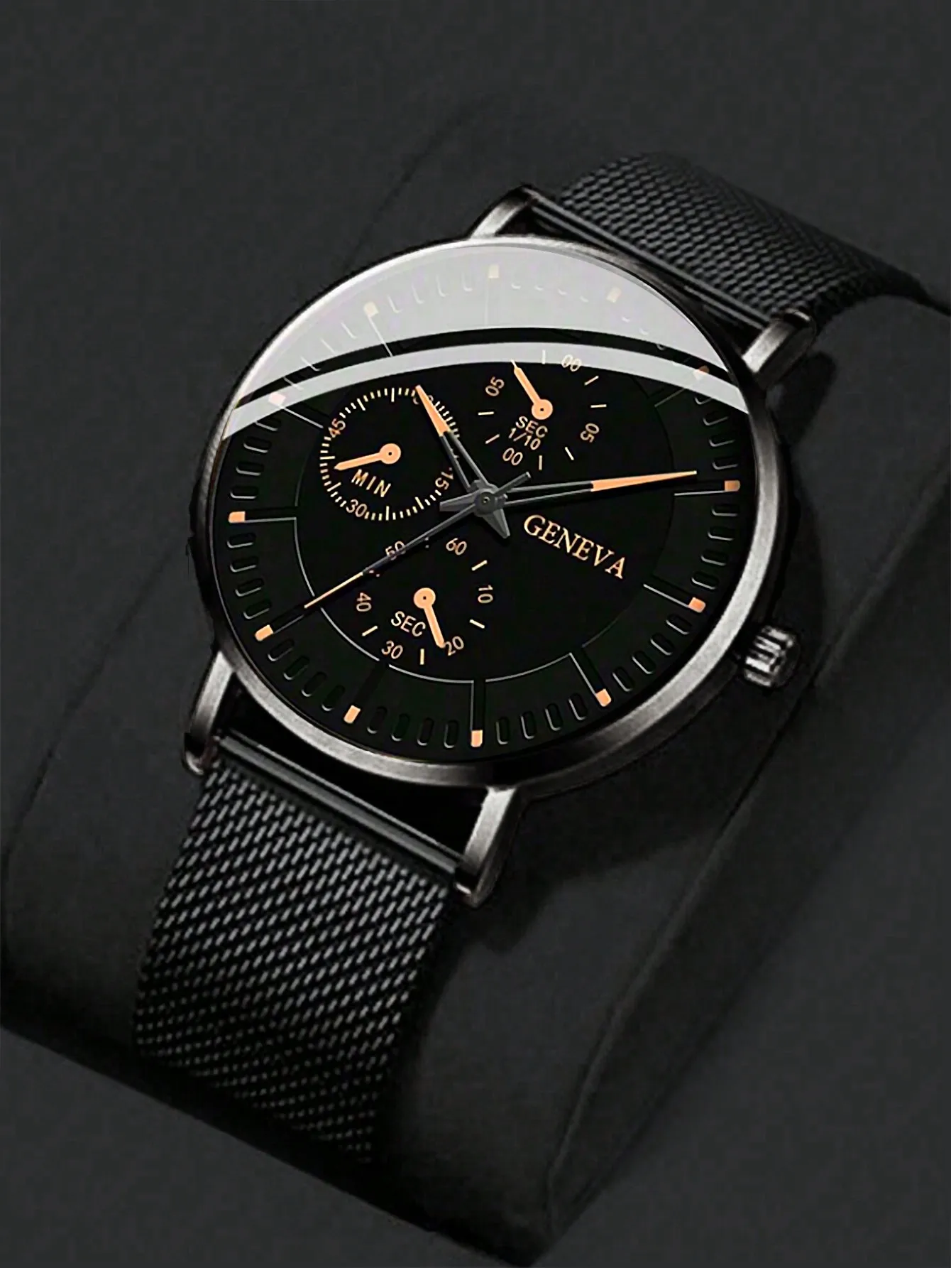 

Мужские черные кварцевые часы-хронограф с сетчатым браслетом из нержавеющей стали, повседневный стиль