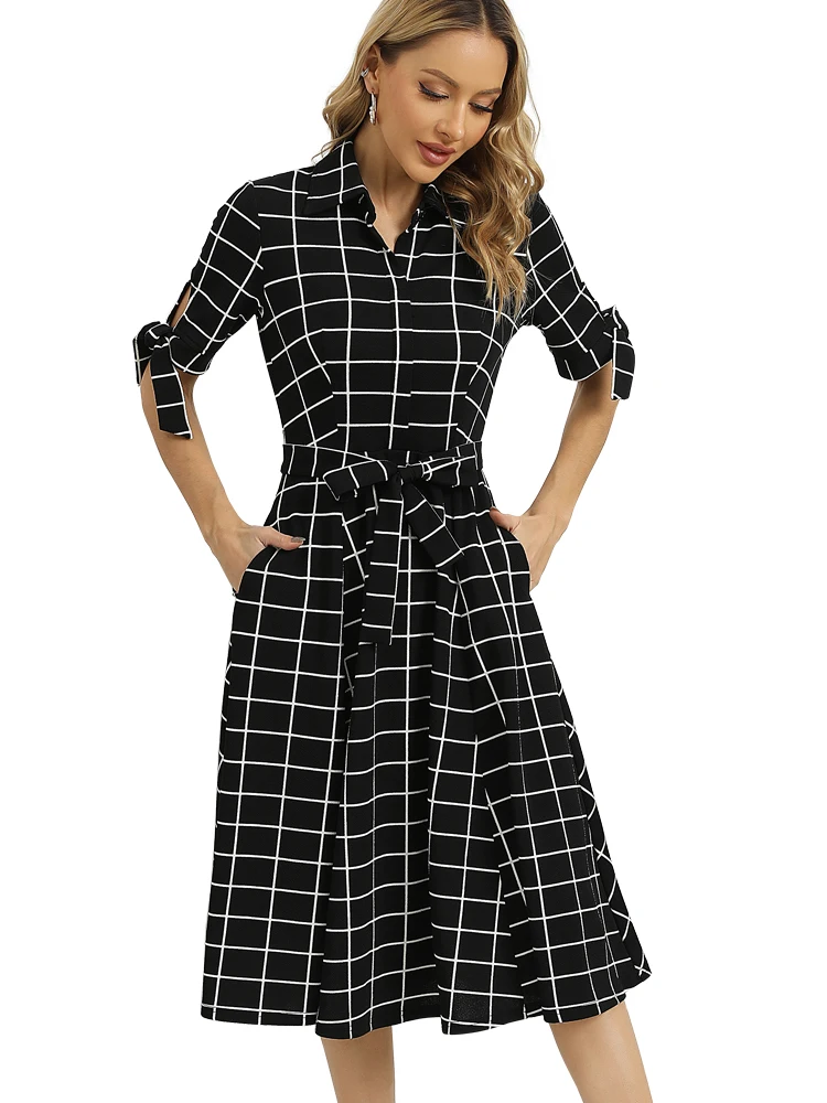 Nice-Forever Spring Women Classy Turn-Down Collar Dresses Casual Party elegante Retro Flare Swing Dress A381