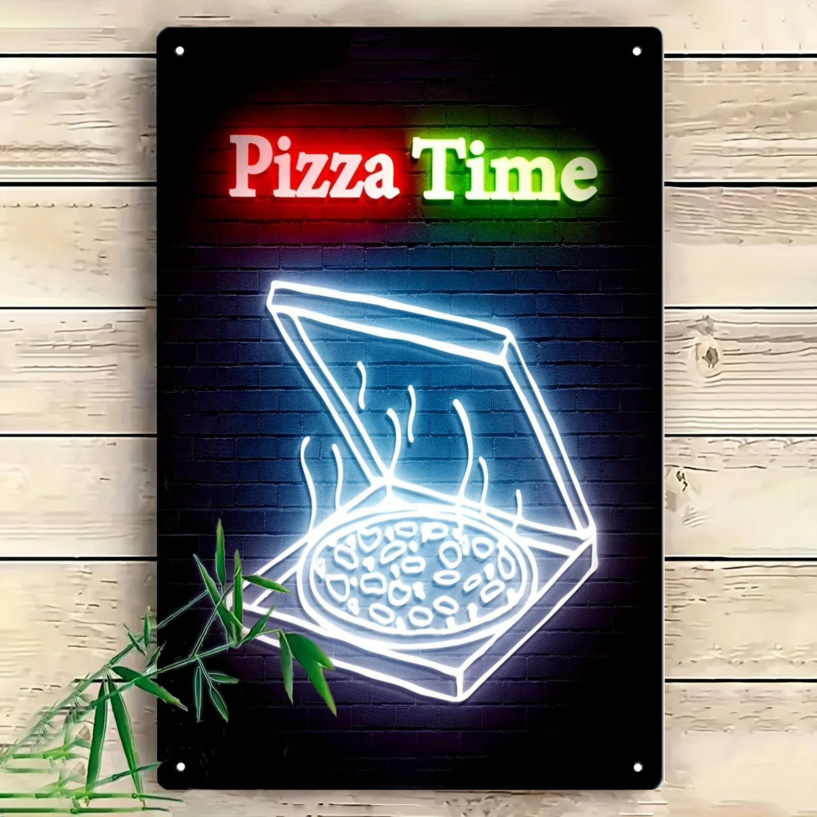 Pizza Time Neon Sign Metal Wall Art - Contemporary Monotype Print with Vibrant Red & Blue Hues, Hook-Mounted Home Office Decor