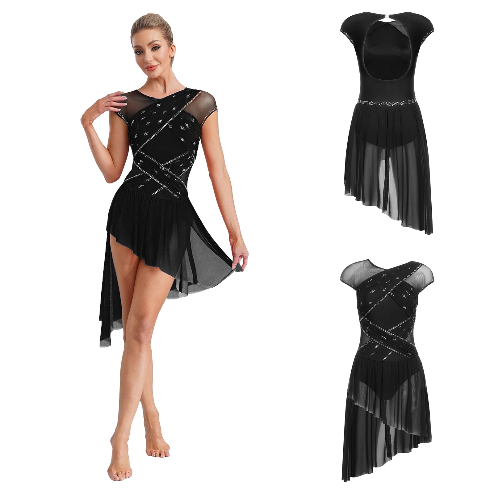 レディース体操フィギュアスケートパフォーマンス衣装ラインストーン不規則な裾ボディスーツドレスエレガントなジャズラテンドレスダンスウェア