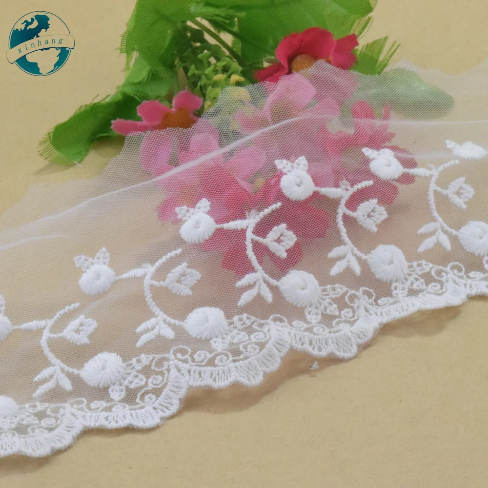 7.5cm Mesh Lace Cotton Embroidery White  French Ribbon Fabric Guipure Diy Trims Warp Knitting Sewing Accessories Doll Dress#4313