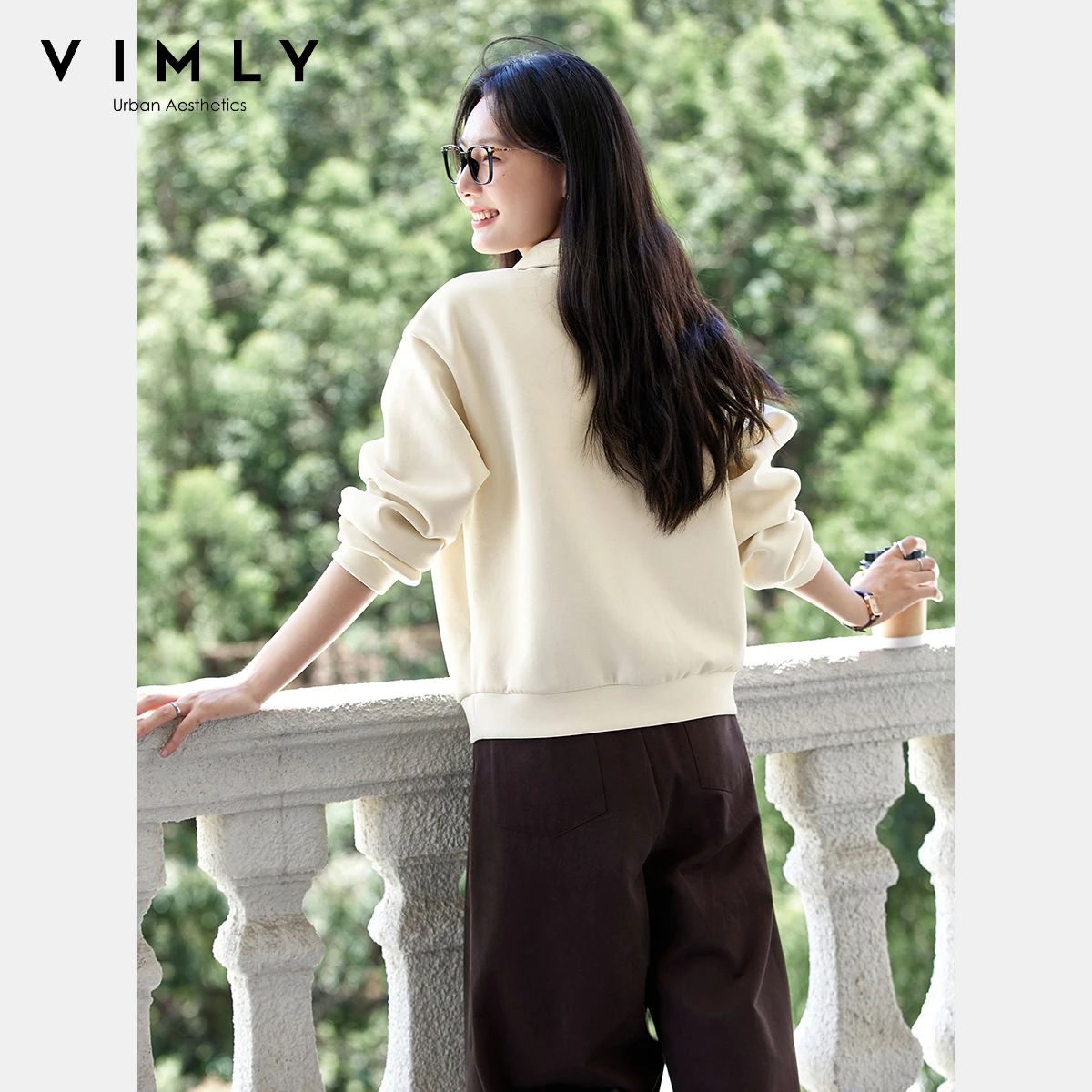 VIMLY Sweater Woman Letter Embroider Apricot Autumn 2025 Casual Long Sleeve Tops Sporty Knitted Loose Sweatshirts Female A2126
