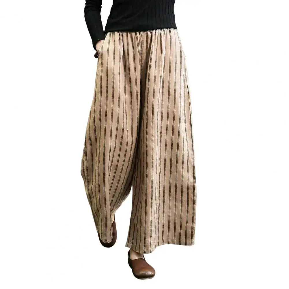 

Drape Straight Nine-point Pants Women Wide-leg Pants Elegant Vertical Striped Wide Leg Pants for Women High Waist Pockets