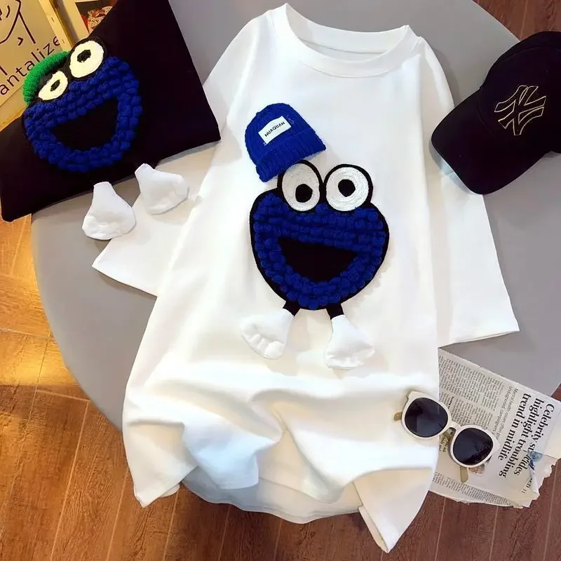 

Cute Solid Color Tops Ladies Casual T-Shirts Summer Loose Streetwear Pullovers Patchwork Cartoon Straight Women's Clothing 2024