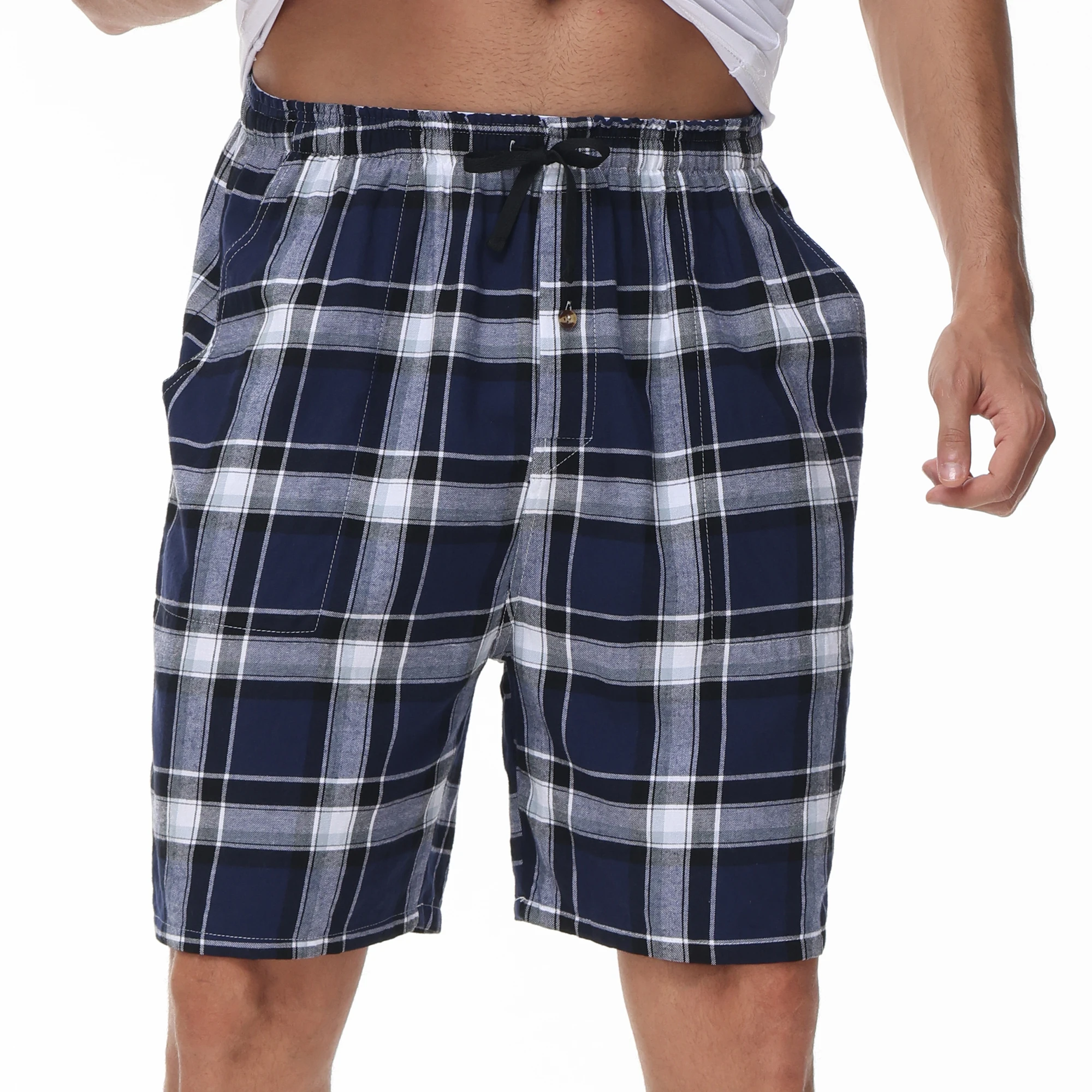 Conjunto de calças de pijama xadrez masculino, calção de dormir elástica, roupa caseira macia e aconchegante, 100% algodão, 3 peças