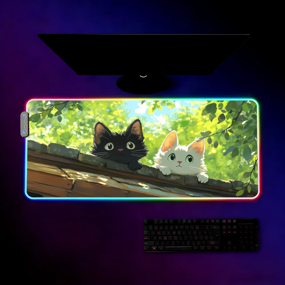 Cartoon Cute Cat Plant Mouse Pad RGB LED Light Colorful Game Keyboard Non-slip Cover Desk-mat Surface Waterproof view 6