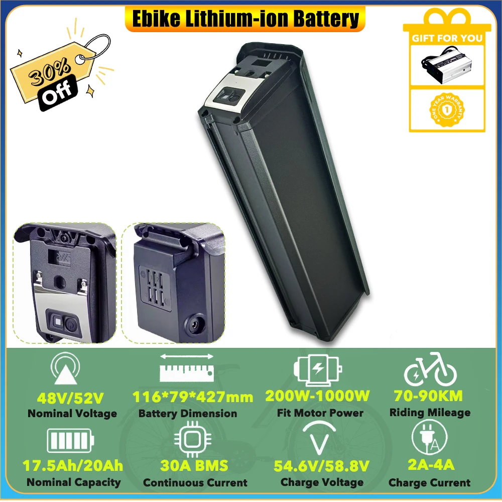 Lithium-ion Ebike Battery 52V 20Ah 48V 17.5Ah for 500W 750W Cyrusher Kuattro Montta Ovia Ranger Trax LANKELEISI MG600 Plus