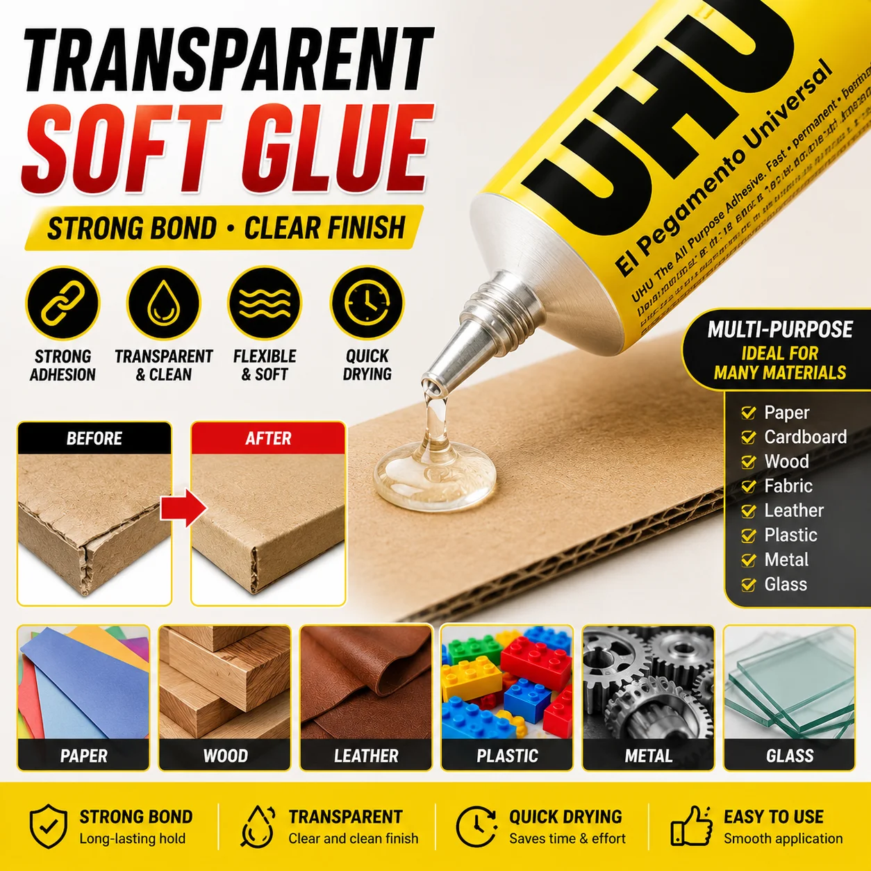 German UHU Versatile Soft Super Glue Heavy‑Duty Adhesive Excellent Toughness for Model, Textile, Porcelain, Paper and Metal Repa