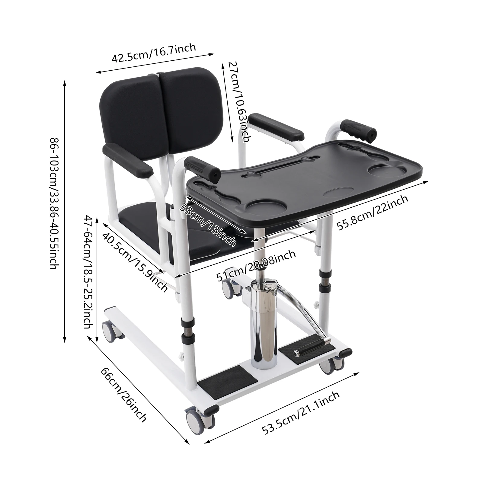 Hydraulischer Patientenlifter für den Heimgebrauch, tragbarer Transferstuhl mit 4 Universalrädern & 180°-Drehung ° Liegesessel, 150 kg Tragkraft, Pflegehilfe für Senioren (Schwarzes Display, gleiche Spezifikationen für Orange & Blau) – Detail 2