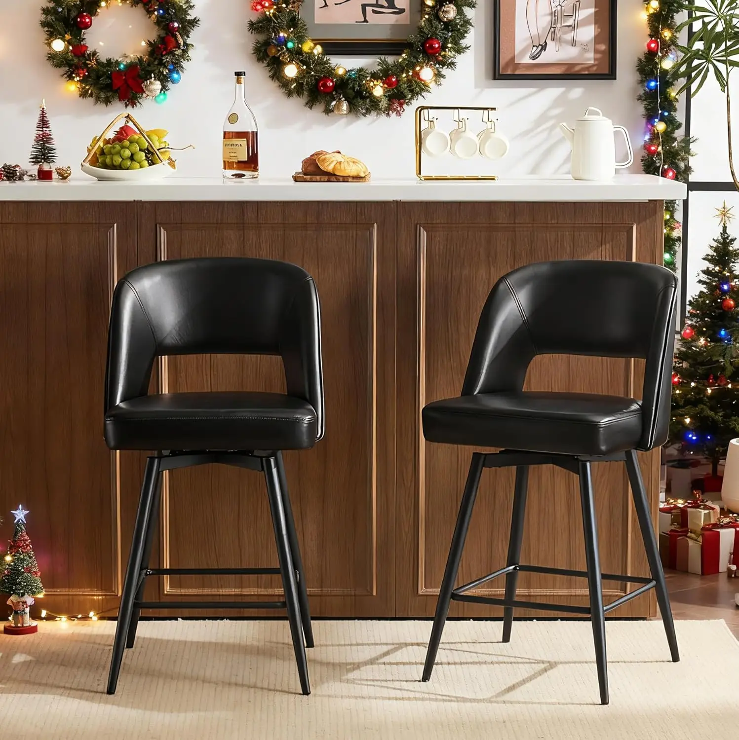 

26.5in Counter Height Bar Stool Set w/ Back & Metal Legs Faux Leather Upholstered Kitchen Island Chair Black, Customized