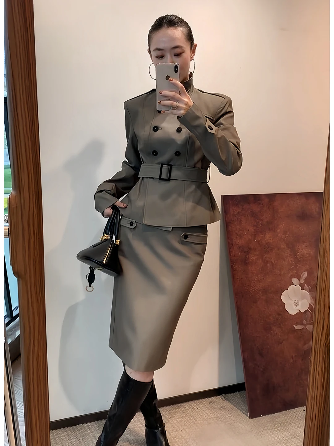 Women's Autumn Fashion Set Windbreaker Jacket Waist Cinched Double Breasted Coat Skirt Two Piece Set Casual Style Ensemble