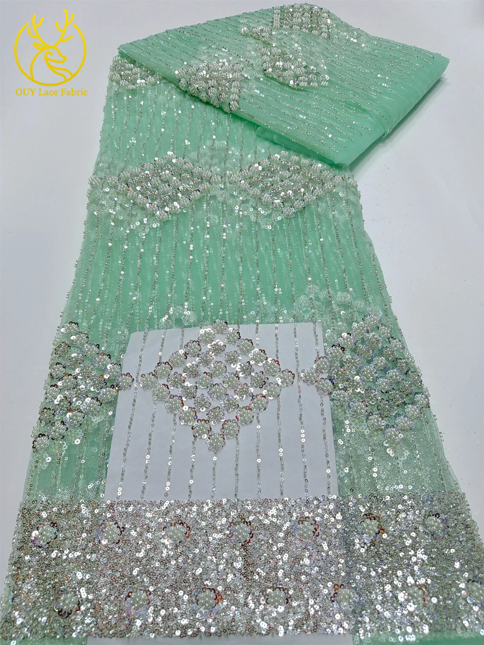 Eleganter, modischer afrikanischer Spitzenstoff mit Perlen und Pailletten, 2026, neues Design, französischer nigerianischer Tüll-Spitzenstoff für Abschlussball- und Partykleider, 5 Yards – Detail 15