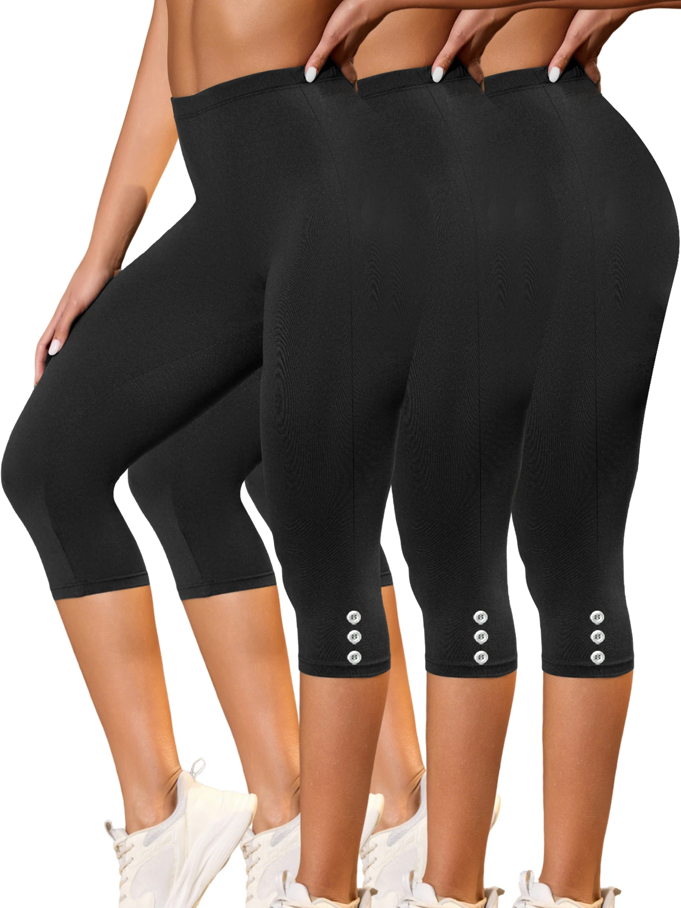 

Women's 3 PACK Super Soft Capri Pants With Side Button Detail, No See Through Workout Running Yoga Athletic Leggings