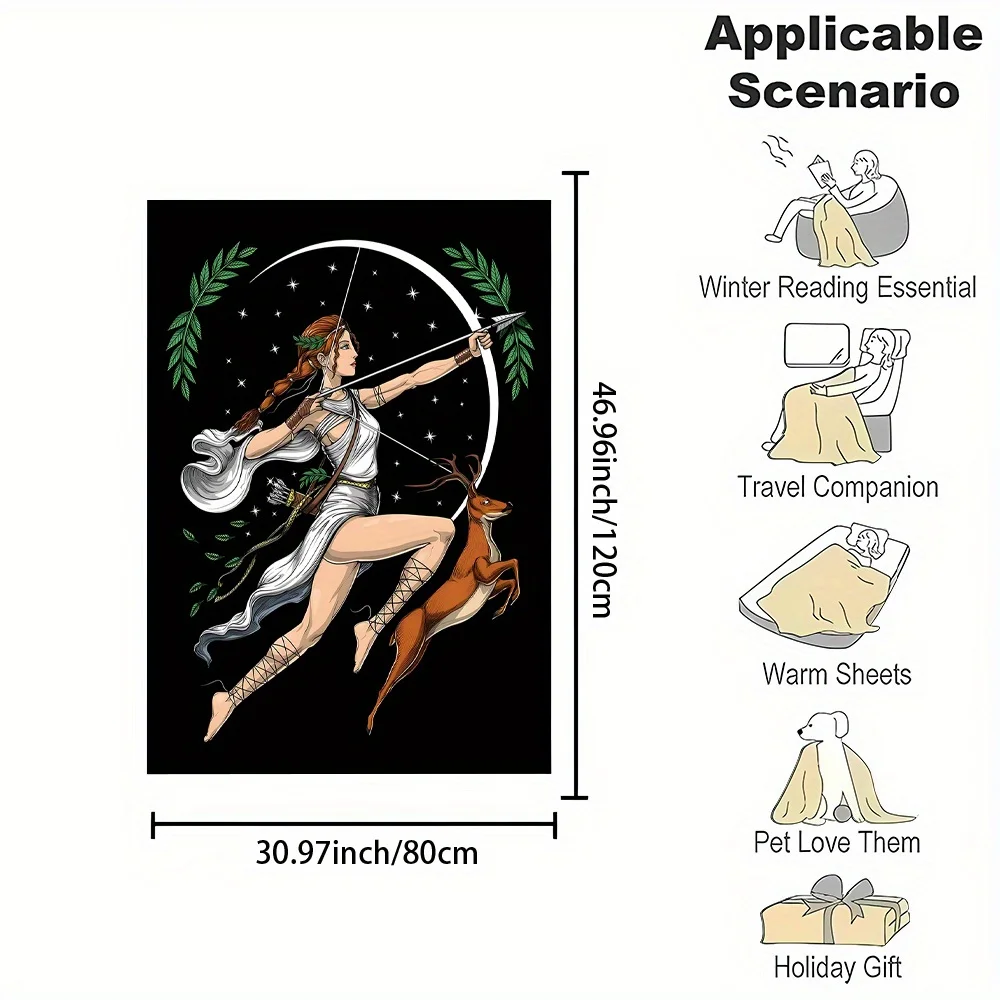 Goddess Artemis Moon Deer Hunting Celestial Boho Mythological Print Throw Blanket for Witchy Aesthetic Cozy Home Decor