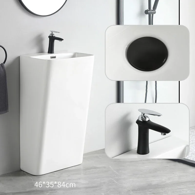 Image 6: Lavabo sur pied moderne en céramique cylindrique avec support rectangulaire pour salle de bain