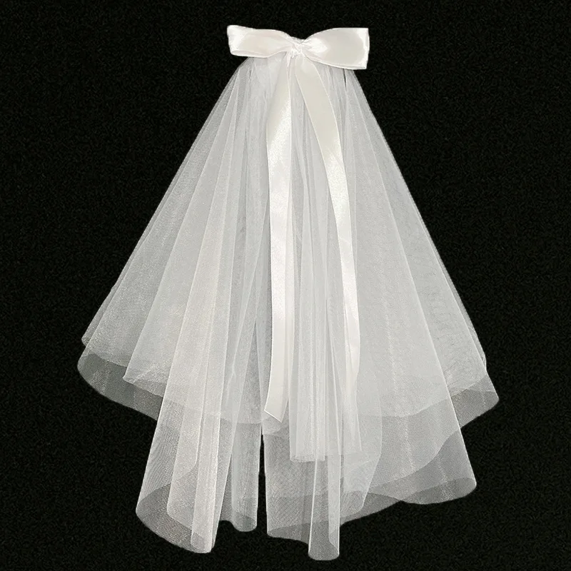 طرحة زفاف قصيرة مع مشط القوس اللؤلؤ 2 طبقات بسيطة اكسسوارات الزفاف Mariage 2024