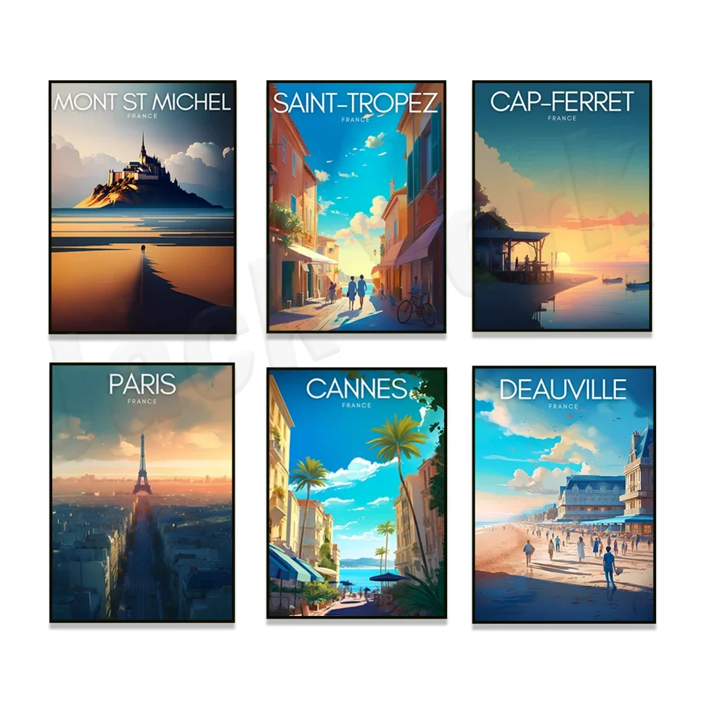 Cannes, Francia, Les Cap Furetti, Parigi, Lacanau Dunes, Mont Saint Michel, Bonifacio Corsica, Poster di viaggio dell'Isola di Porquerolles