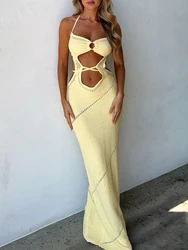 2024 New Dress Women Elegant Sexy Knitted Vestido Cut Out Backless Halte Tie-Up Long Maxi Dresses Summer Vacation Party Clubwear