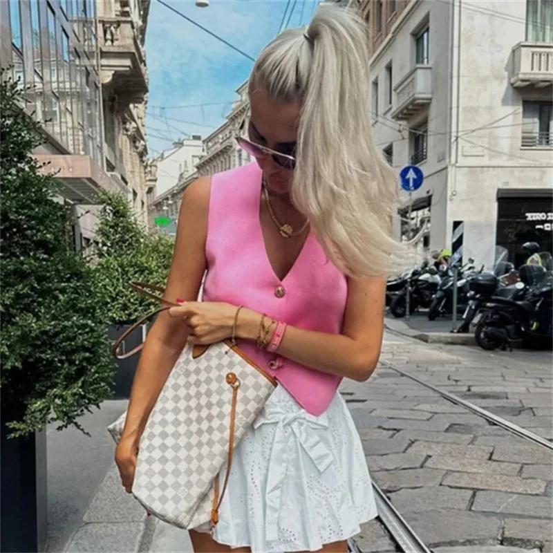 TRAF Pink Knit Vest Women Cropped Sleeveless Vest Woman Fashion Summer Short Coats Knitted Vest Top Female 2024 V Neck Waistcoat