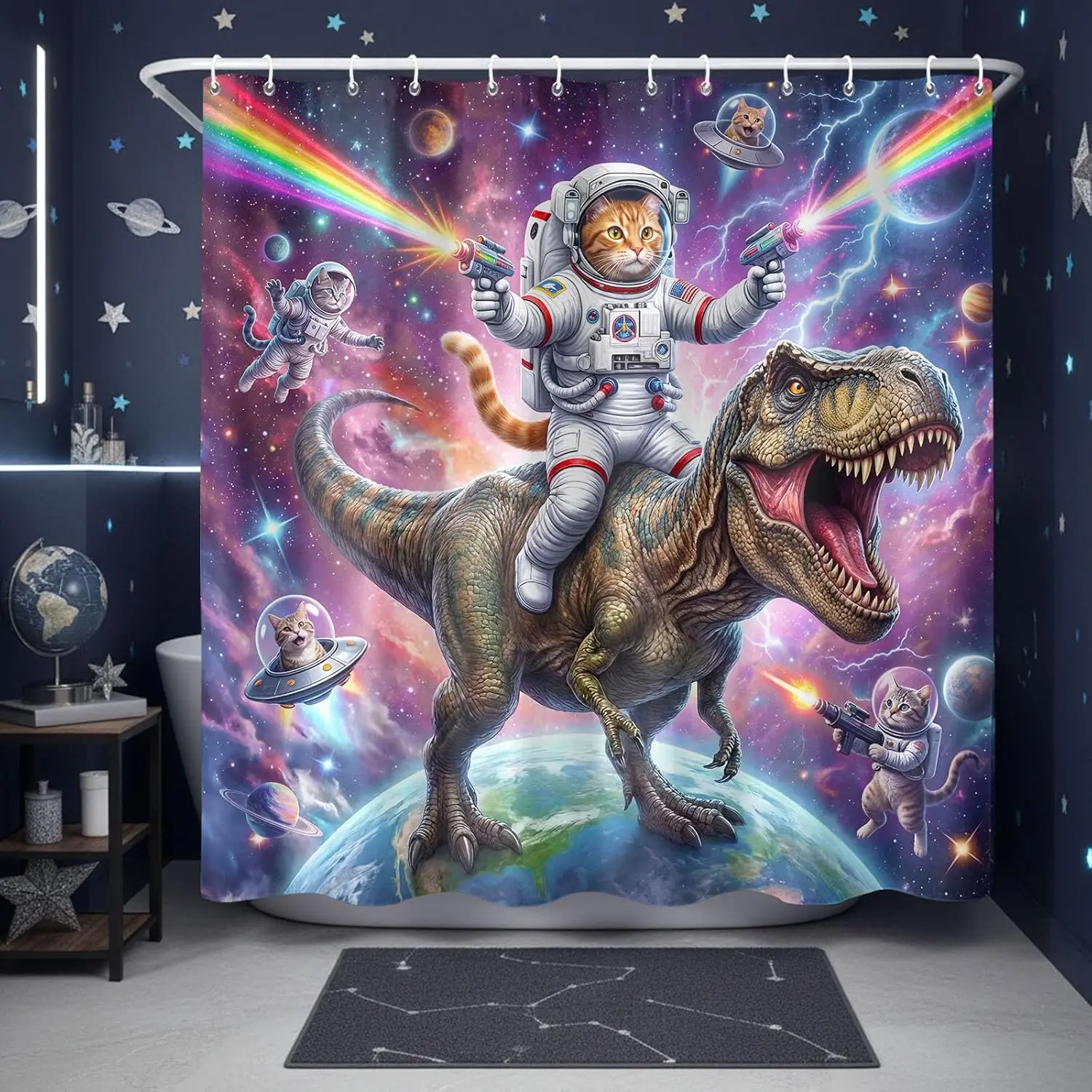 

Epic Space Cat Riding T-Rex Shower Curtain, Astronaut Cats with Laser Guns in Galaxy Print Waterproof Fabric Bath Curtain