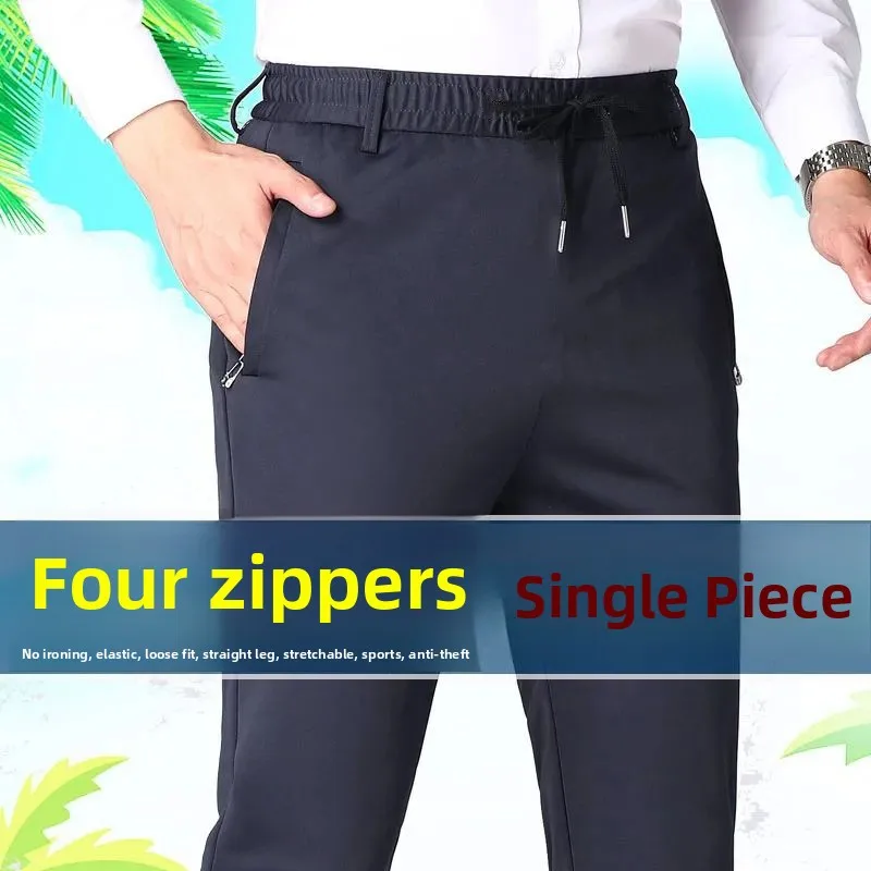 Pantaloni casual a gamba dritta da uomo estivi Pantaloni lunghi elasticizzati con cerniera elastica in seta di ghiaccio elasticizzata traspirante vestibilità ampia giovanile