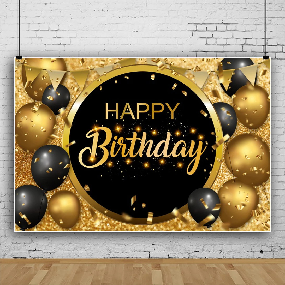 

Personalised Happy Birthday Backdrop Background Banner Black and Gold Sign Poster Fabric Glitter Cloth Curtain Party Decorations