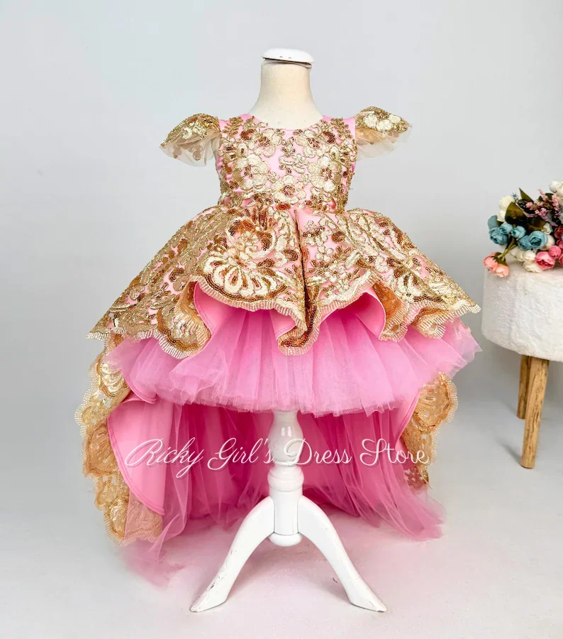 Luxury Pink Flower Girl Dress For Wedding Fluffy Bow Short Sleeve Gold Appliques Princess Birthday Dress Suitable Formal Events