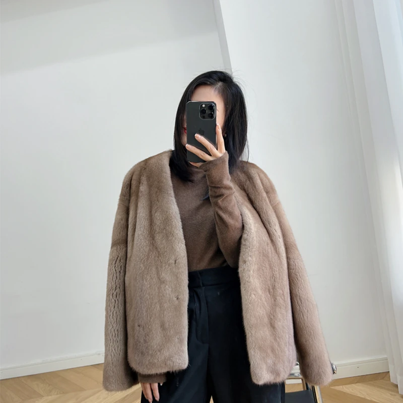 

2023 New Fashion Mink Whole Fur Women Coat 100% Real Mink Fur Regular Jacket V-neck Winter Thick Warm Female Mink Fur Jacket