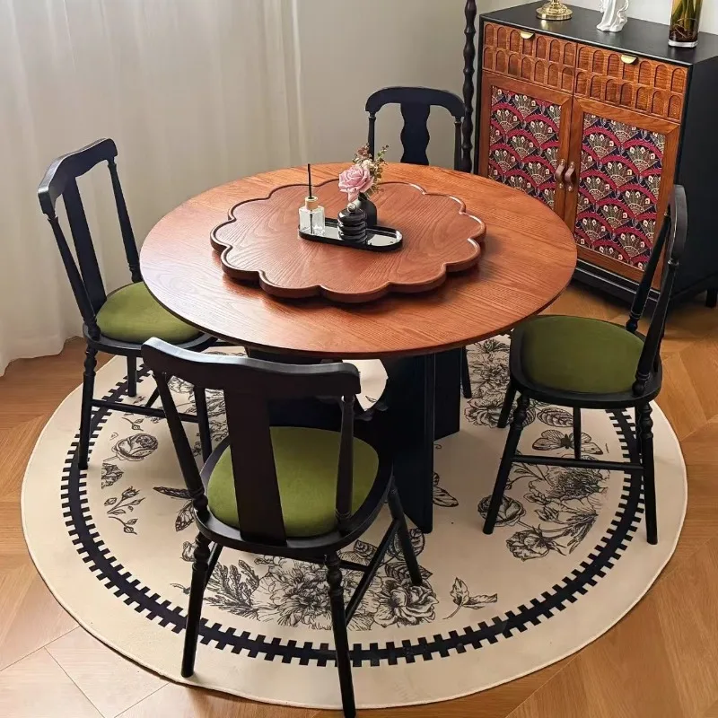 round table with turntable household small apartment French retro style Song style aesthetic restaurant dining table