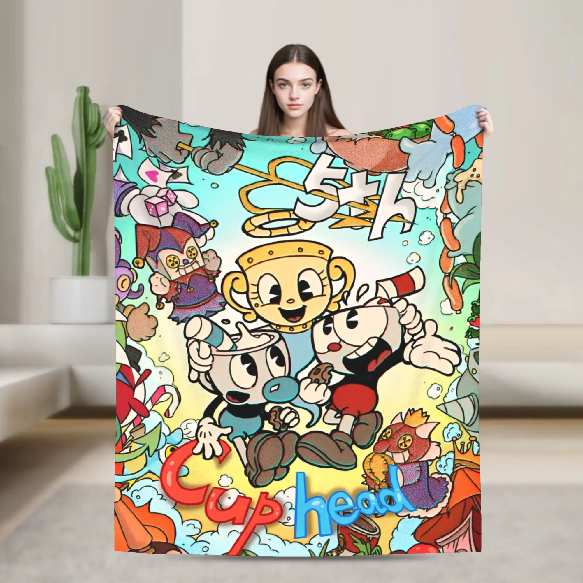 

Cuphead cartoon Super Warm Blanket Airplane Travel Plush Throw Blanket Fluffy Outdoor Flannel Bedspread Sofa Bed Cover