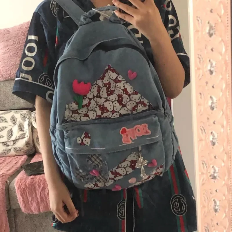 MBTI-Mochila Vintage Hello Kitty para Mulheres, Moda Denim, Estudantes Patchwork, Sacos Estéticos Femininos, Y2k, Harajuku, Universidade