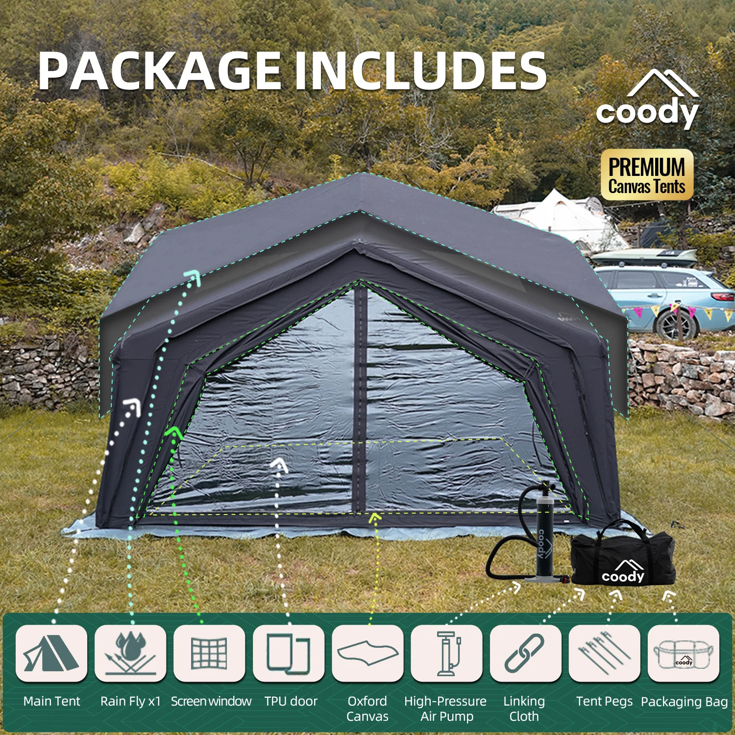 

Hub Station Air Tent-Black 3-5 People Unique Luxury Outdoor Camping Canvas Tent Portable Travel Inflatable Tent