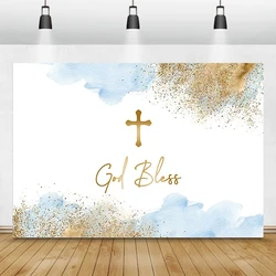 God Bless Backdrop for Boys Girls Baptism Party First Holy Communion Blue and Gold Floral Christening Photography background