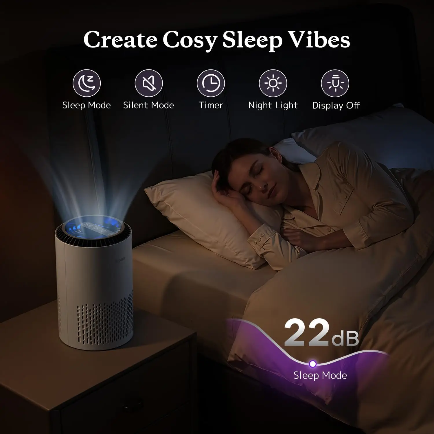 Air Purifier for Bedroom, 3-Layer Filter for Smoke Pollen Allergies, Quiet Sleep Mode, Energy Saving with Timer