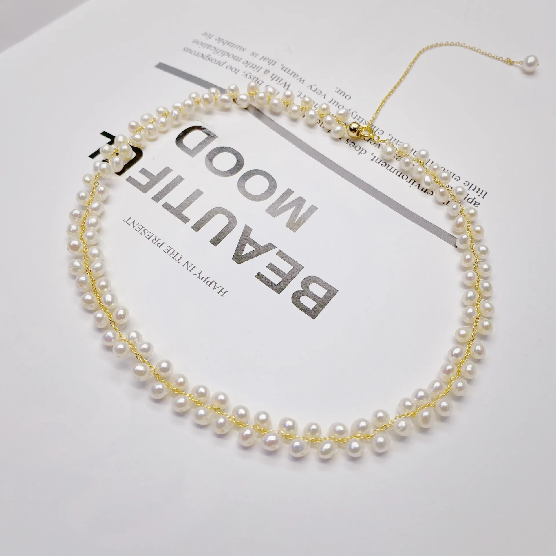 Natural Freshwater Pearl Choker 3-4mm S925 Silver Lace Hand-Woven Adjustable Necklace