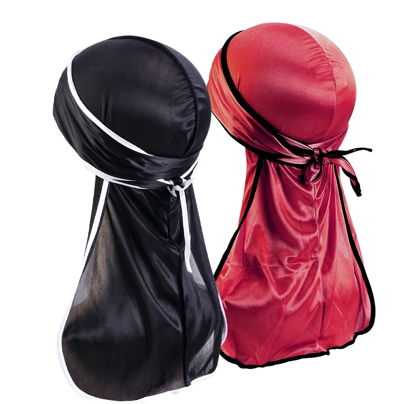 

2PCS/LOT Unisex Men Women Satin Durags Bandanas Turban Hat Wigs Doo Men silky Durg Headwear Pirate Hat Extra Long tail headwrap