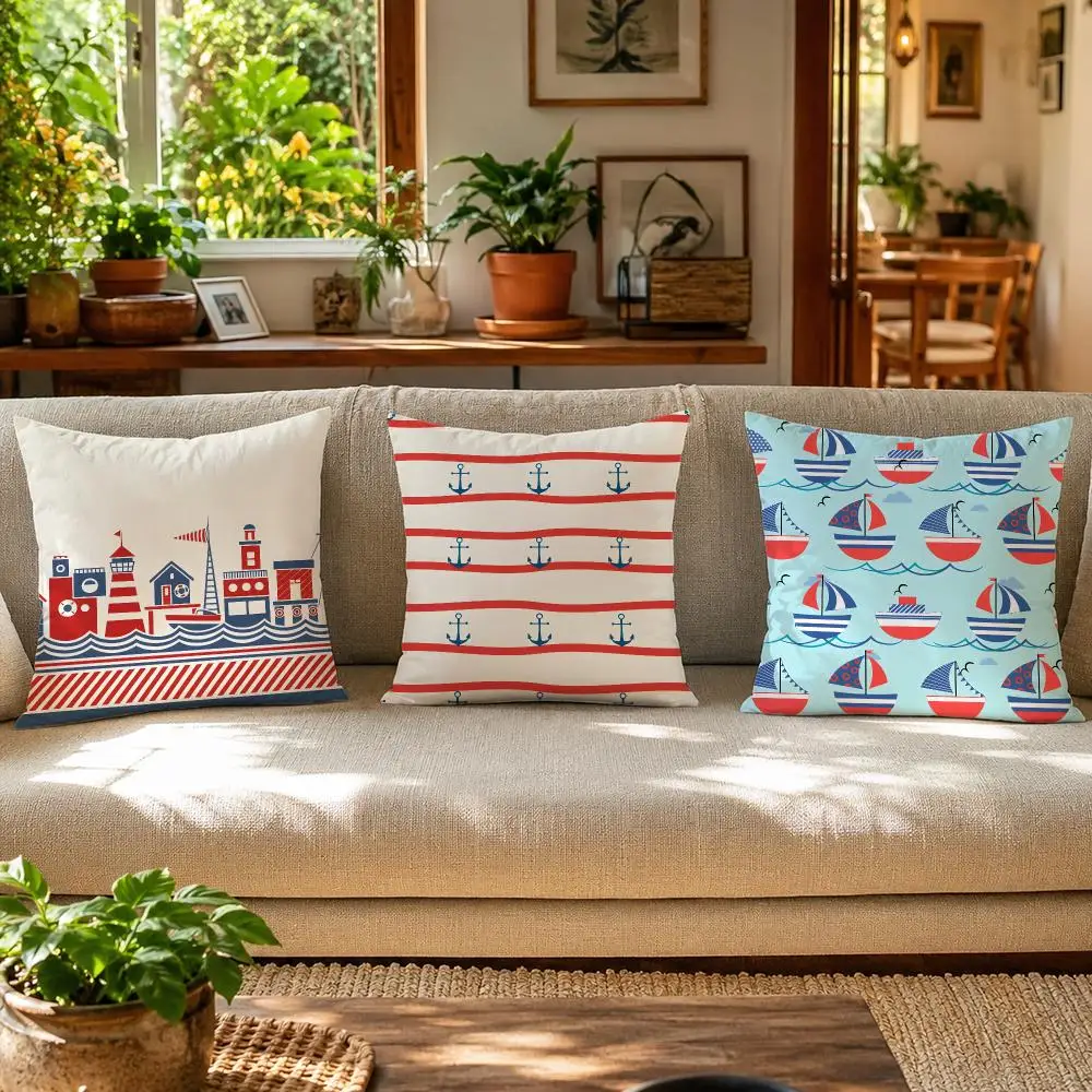Beach House Striped Design Sailing Boats Cushion Cover Skin-Friendly Organic Pillow Cover Durable Hypoallergenic Washable Soft
