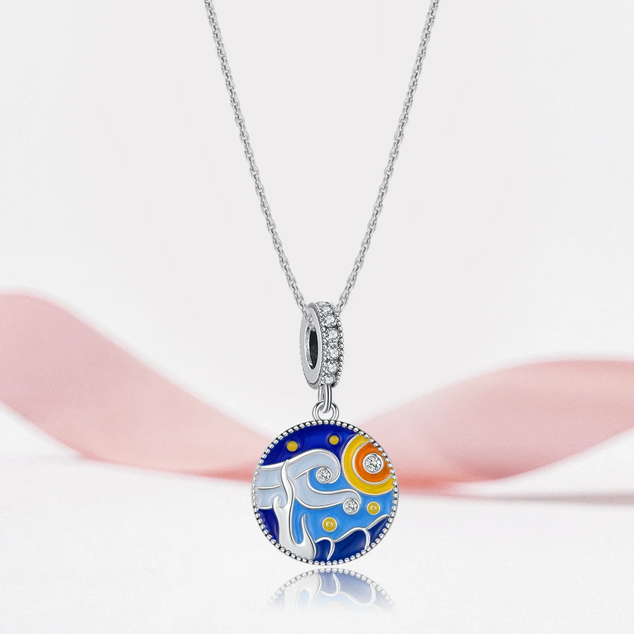 925 Sterling Silver Famous Painting Pendant Starry Sky Charms Jewelry Making Fashion Jewelry Beads For Women's Daily Wear Gifts