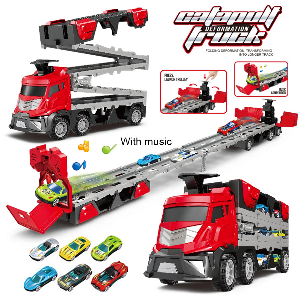 Mega Hauler Truck with Ejection Race Track, Big Truck Folding Storage Race Track Deformation Catapult Truck