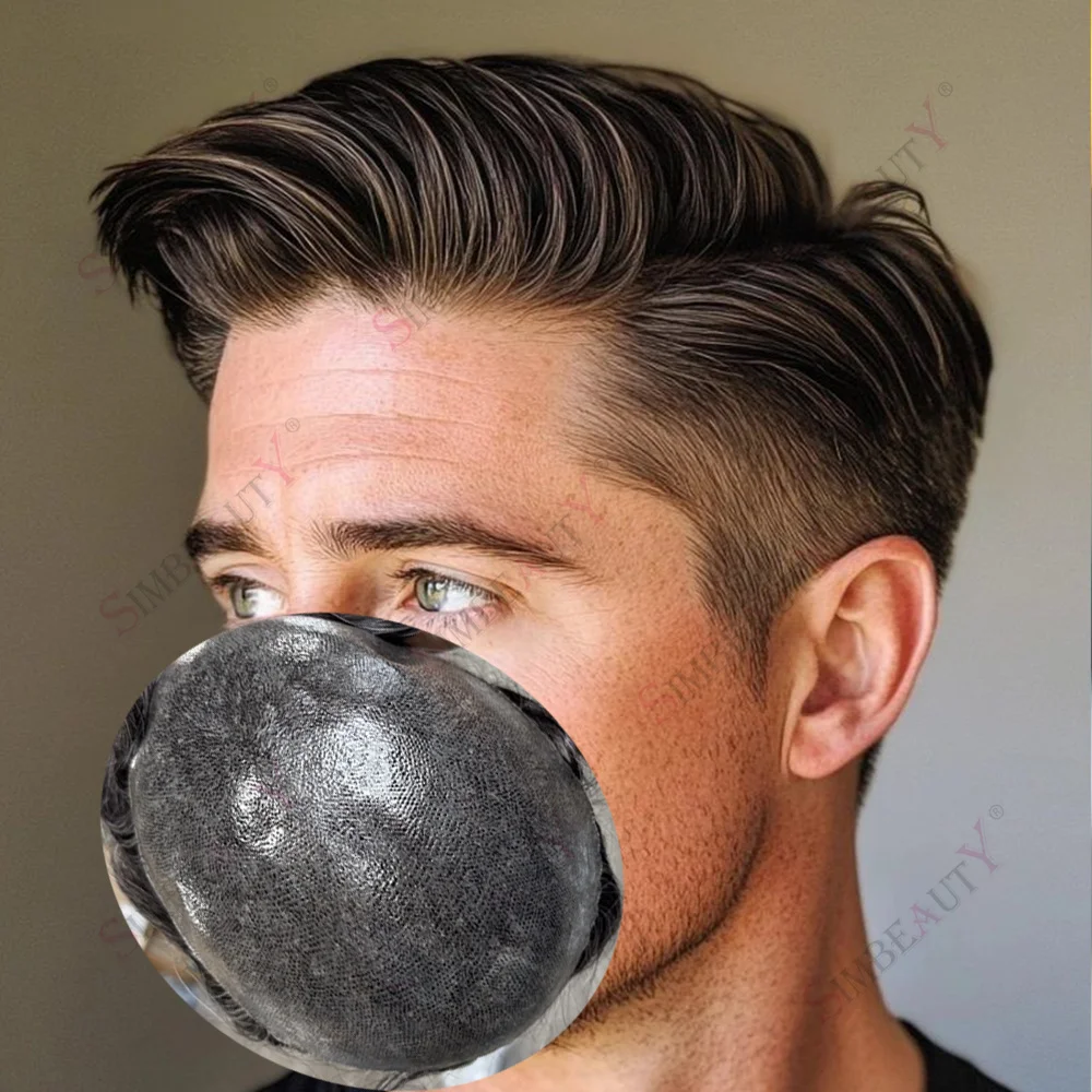 

100% Human Hair Toupee Natural Hairline Full Skin PU Base Durable Thin Poly Male Wig #4# 5 Light Brown Men's Capillary Prosthesi