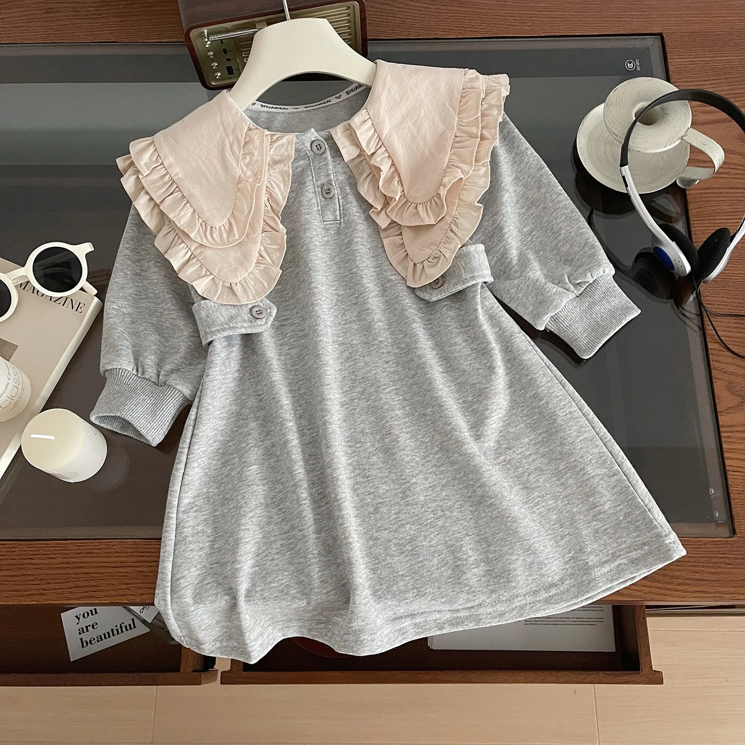 

‌2025 Autumn Korean Style Girls Long Sleeve Dress Double Layered Collar Toddler Kids 2-8 Years Cute School Dresses